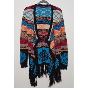 Hale‎ Bob Aztec Western Tribal Open Cardigan Fringe Geometric Multicolor Knit M